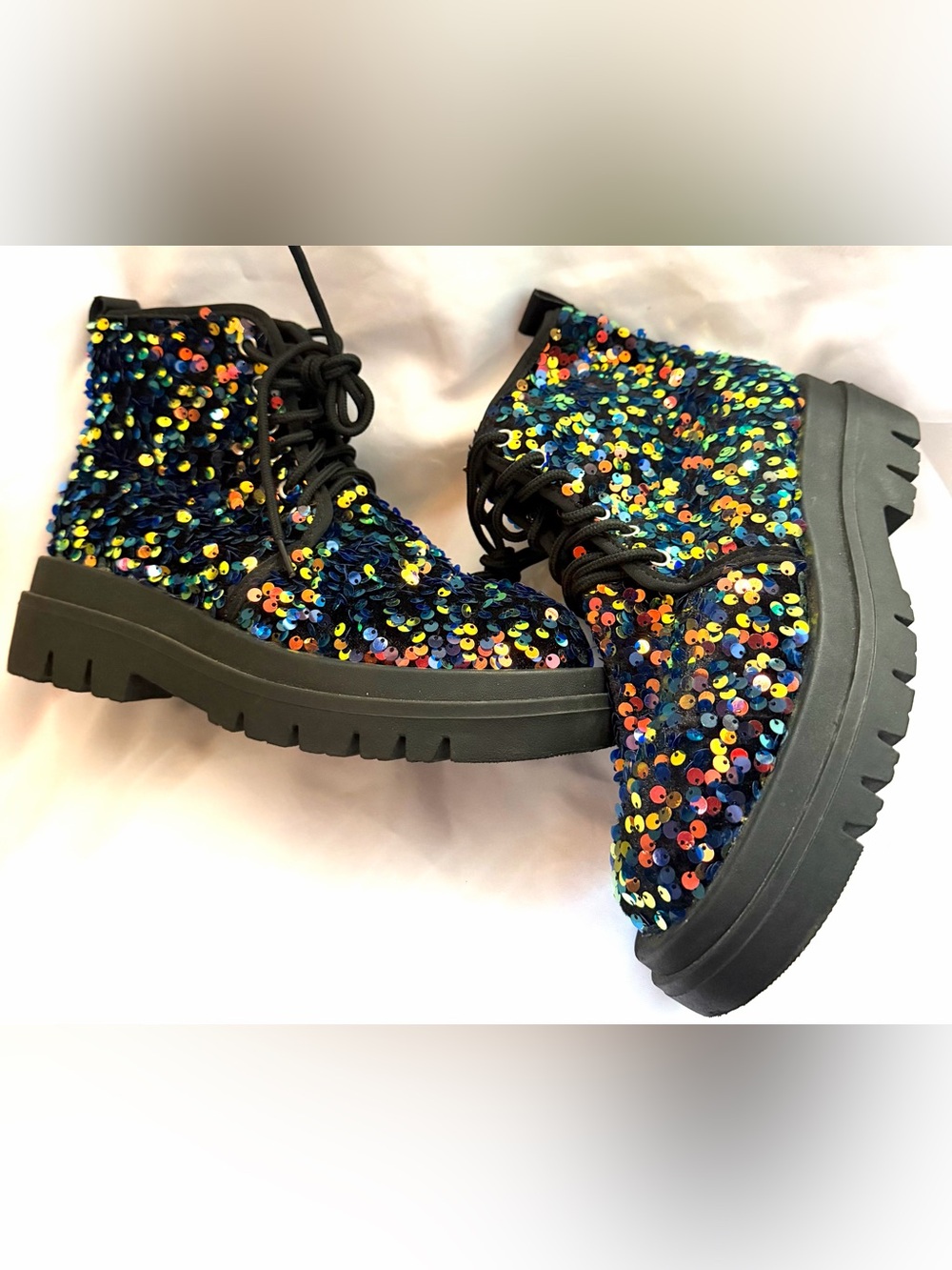 Sequin Lace-Up Women’s Combat Ankle Boots in Multicolor